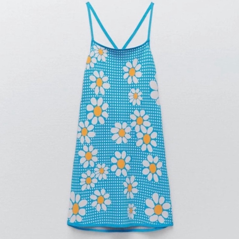 NWT Zara Sunflower Jacquard Blue and White Mini Dress. The perfect summer dress!